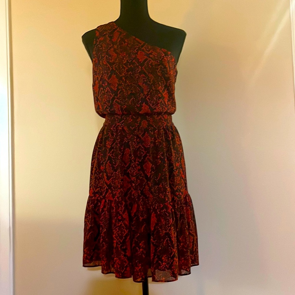 Michael kors red snake print georgette one shoulder dress
